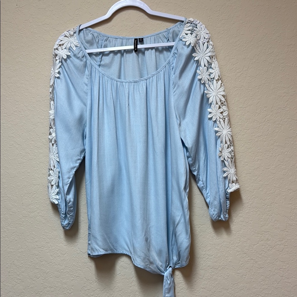 Light Blue Floral Sleeve Women's Top